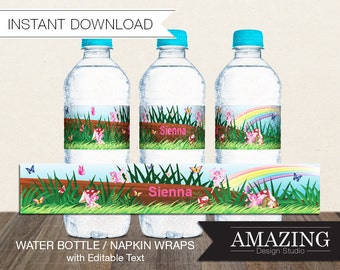 Fairy Water Bottle Labels or Napkin Wraps: DIY Editable Printable Instant Download. Girls Garden Fairies Birthday Party Decorations