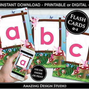 Fairy Alphabet Flash Cards Printable abc Flash Cards a to z Cards Instant Download Digital Printable Nursery Bedroom Classroom & Wall Art