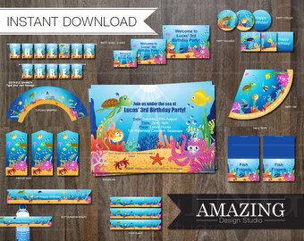 Under The Sea Birthday Invitation: Editable Party Printable Kit, Instant Download. Boys, Girls, Children's Banners, Favor Tags & Decorations