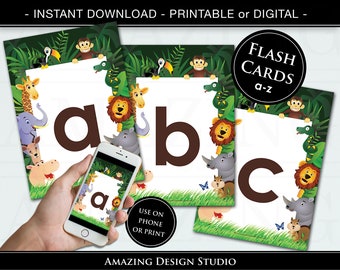 Jungle Alphabet Flash Cards Printable abc  Zoo a to z Cards Instant Download Digital Printable Nursery Bedroom Classroom Decor & Wall Art