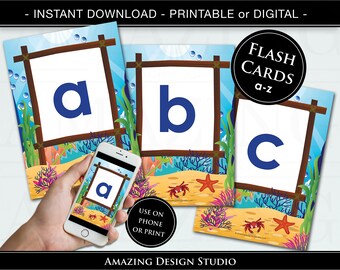 Under the Sea Fish Alphabet Flash Cards Printable abc Flash Cards a to z Cards Instant Download Digital Printable Nursery Classroom Wall Art