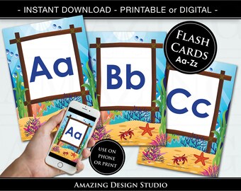 Fish Alphabet Flash Card Printable Instant Download ABC Flash Card A to Z  Digital Capitals Upper Lower Case Classroom Homeschool Preschool