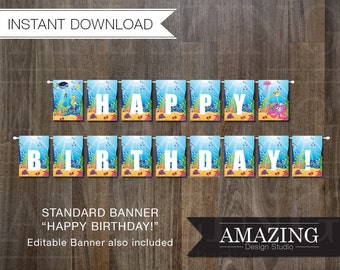 Under The Sea Birthday Banner: Happy Birthday & DIY Editable Printable Instant Download. Children's Birthday Party Decorations girls or boys