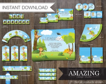 Monkey Birthday Party Invitation Kit: Instant Download Editable Printable Banner, Cupcake Wrapper, Favor Tags, Bottle Wraps & Decorations