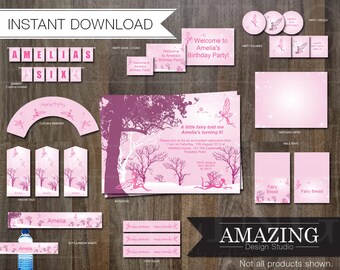 Fairy Birthday Party Invitation Kit: Instant Download Editable Printable Banners, Cupcake Wrappers, Favor Tags, Bottle Wraps & Decorations