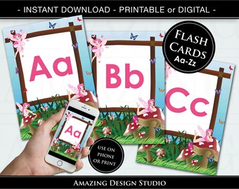 Garden Fairy Alphabet Flash Card Printable Instant Download ABC Flash Card A to Z Digital Capital Upper Lower Case Classroom Homeschool