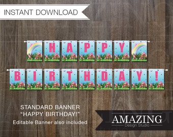 Garden Fairies Banner: Happy Birthday & DIY Editable Printable Instant Download. Children's Birthday Decorations, Girls Pretty Fairy Party
