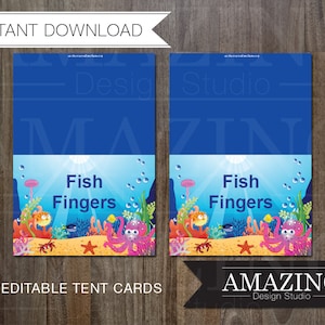 海底テントカード、食べ物の名前、または席札: DIY 編集可能で印刷可能、すぐにダウンロード可能。パーティーデコレーション 女の子 男の子 - 魚、カメ