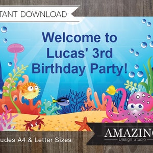 Placas de festa sob o mar: download instantâneo para impressão editável DIY. Decorações de festa em tamanho A4 e Carta para meninas ou meninos - peixe, polvo