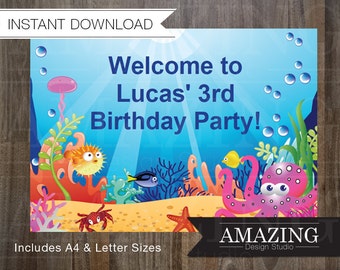 Under The Sea Party Signs: DIY Editable Printable Instant Download. A4 and Letter Size Party Decorations for Girls or Boys - Fish, Octopus