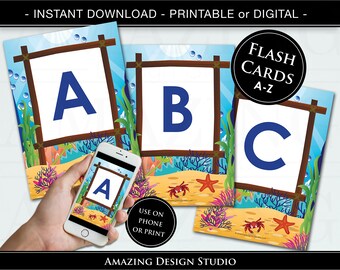 Under the Sea Fish Alphabet Flash Cards Printable ABC Flash Cards A to Z Cards Instant Download Digital Printable Nursery Classroom Wall Art