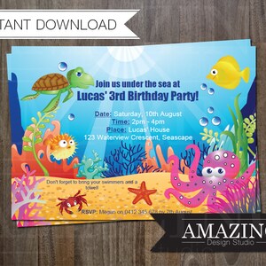 Under The Sea Birthday Invitation: Editable Printable Party, Instant Download. Suitable for girls or boys children&#39;s parties.
