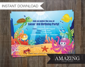Under The Sea Birthday Invitation: Editable Printable Party, Instant Download. Suitable for girls or boys children's parties.