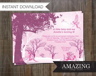 Fairy Birthday Invitation: Instant Download Editable Printable Party. Girls Magical Fairies Enchanted Forest Birthday Invitation