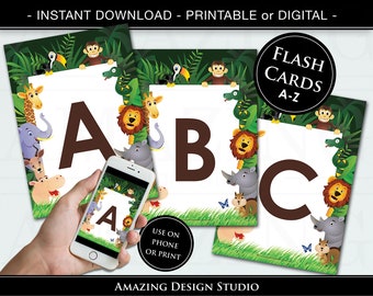Jungle Alphabet Flash Cards Printable ABC  A to Z Cards Instant Download Digital Printable Nursery Bedroom Classroom Decor & Animal Wall Art