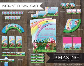 Fairy Birthday Party Invitation Kit: Instant Download Editable Printable Banners, Cupcake Wrappers, Favor Tags, Bottle Wraps & Decorations