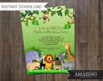 Jungle Birthday Invitation: Instant Download Editable Printable Party. In The Jungle Birthday or Baby Shower. Suits Boys or Girls zoo party
