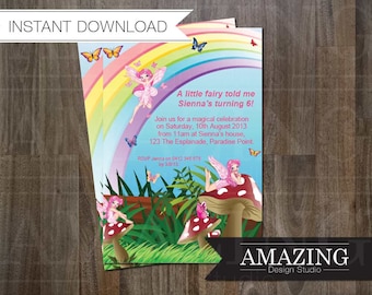 Fairy Birthday Invitation: Instant Download Editable Printable Party. Girls Garden Fairies Birthday Invitation