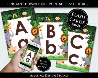 Jungle Alphabet Flash Card Printable Instant Download ABC Flash Card A to Z Digital Capitals Upper Lower Case Classroom Homeschool Preschool