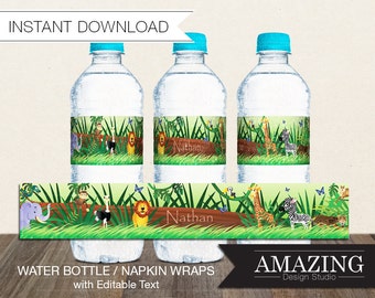 Jungle Water Bottle Labels or Napkin Wraps: DIY Editable Printable Instant Download. Children's Safari Birthday Party Decorations Girls Boys