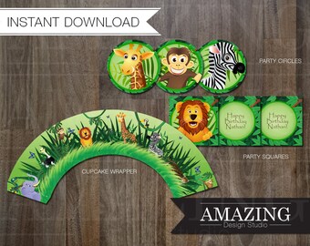 Jungle Cupcake Wrappers, Toppers & Party Circles: DIY Editable Printable Instant Download. Children's Safari Zoo Birthday Party Decorations