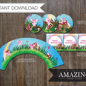 Fairy Cupcake Wrappers, Toppers & Party Circles: DIY Editable Printable Instant Download. Girls Garden Fairies Birthday Party Decorations
