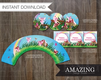 Fairy Cupcake Wrappers, Toppers & Party Circles: DIY Editable Printable Instant Download. Girls Garden Fairies Birthday Party Decorations