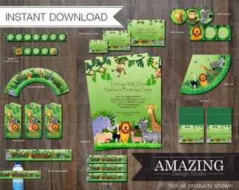 Jungle Birthday Party Invitation Kit: Instant Download Editable Printable Banners, Cupcake Wrapper, Favor Tags, Bottle Wraps Zoo Decorations
