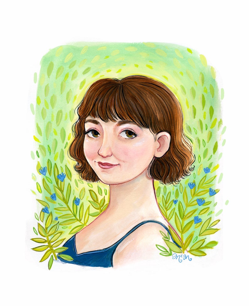Original 8 by 10 Gouache Watercolor Custom Portrait Painting Hand Signed