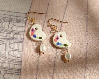 Paint Palette Hand Painted Ceramic Pearl Earrings