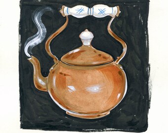 Vintage Copper Coffee Tea Kettle Ink and Gouache Illustration Signed Matte Print