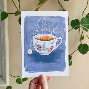 London Teacup Gouache Illustration Mini Art Print 5 by 7