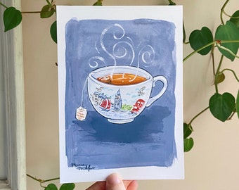 London Teacup Gouache Illustration Mini Art Print 5 by 7