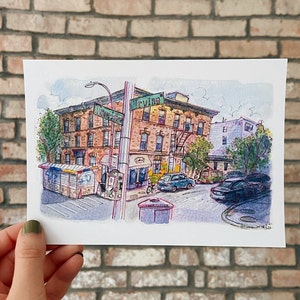 The Corner of Irving and Troutman, Brooklyn Ink and Watercolor Matte Art Print