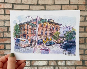 The Corner of Irving and Troutman, Brooklyn Ink and Watercolor Matte Art Print