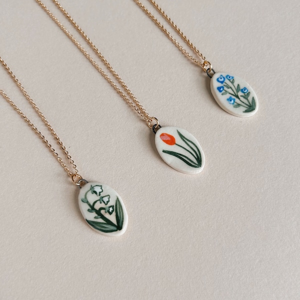 Dainty Floral Handpainted Ceramic Pendants Lily of the Valley or Forget Me Nots!