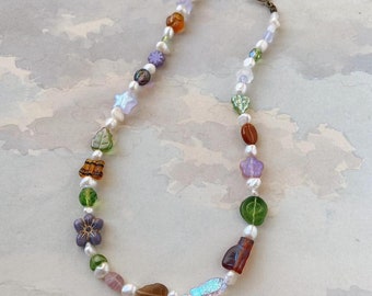 Autumn in the Secret Garden Pearl and Glass Beaded Choker Necklace
