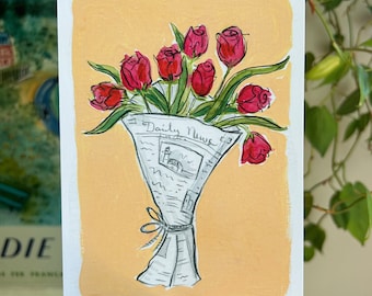 Newspaper Rosie Tulip Bouquet Watercolor and Ink Signed Matte Print