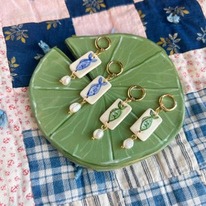 Little Blue and Green Fish Hand Painted Ceramic Huggie Hoop and Pearl Earrings