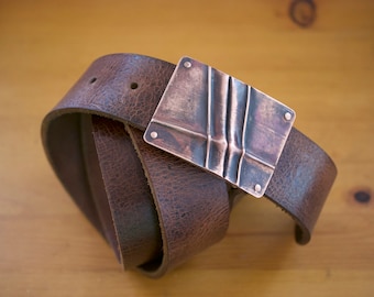 Unique copper belt buckle for 1-1/2 inch belt, womens belt, mens belt buckle, foldform hammered finish, gift for him