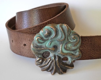 womens belt, bronze belt buckle, unisex Tree motive, unique handmade, one of a kind, Hand carved,fits blue jeans or dress up, women's belt