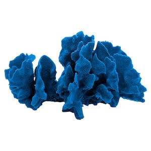 May include: A vibrant blue coral reef decoration. The artificial coral features a complex, porous structure with multiple peaks and valleys. The color is a deep, saturated blue, creating a striking visual contrast against the white background. This decorative piece is ideal for aquariums or home decor.