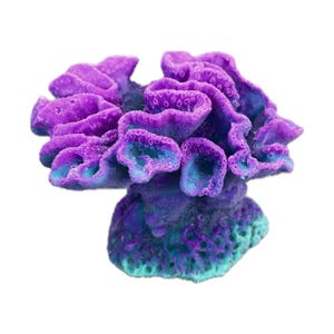 Puede incluir: Una vibrante estructura de arrecife de coral artificial en tonos morado, azul y turquesa. El coral tiene una superficie texturizada con detalles intrincados, ideal para la decoración de acuarios. La base es morada oscura con detalles turquesa.