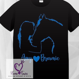 Girl and her horse custom t shirt. Lady and horse. Adult or youth. Completely customizable.