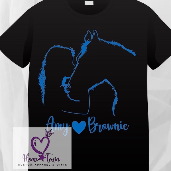Girl and her horse custom t shirt. Lady and horse. Adult or youth. Completely customizable.