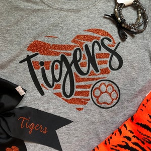 Girls or ladies Tigers Glitter t shirt with heart. Tigers T shirt with glitter heart, Tigers Hoody, Tigers Long sleeve T shirt wirh Glitter.
