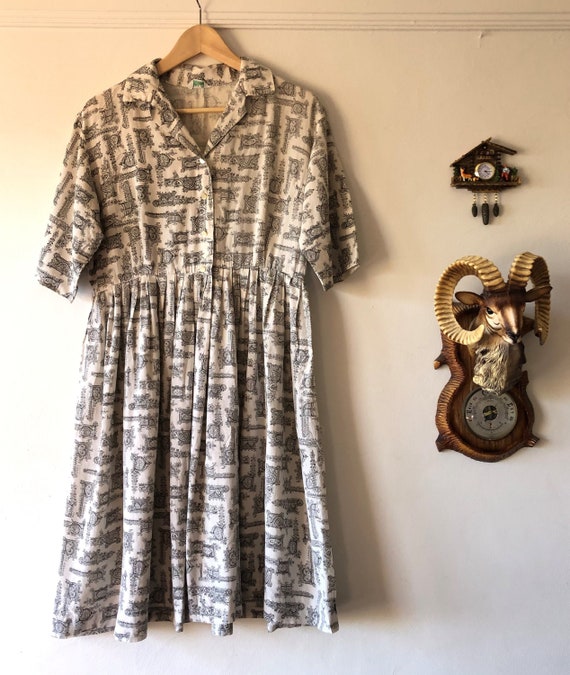 1950s Novelty Print Summer Day Dress - size large