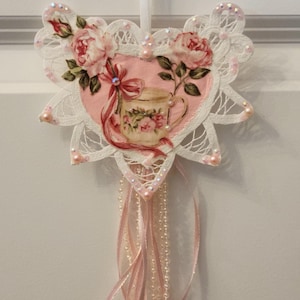 Shabby Chic Ornament Heart In Battenberg Lace, Pearls And Crystals, Valentines