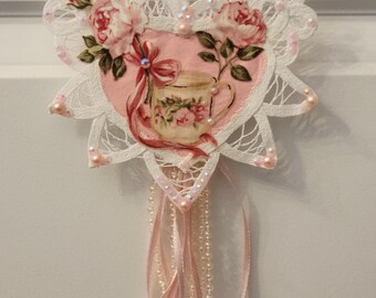 Shabby Chic Ornament Heart In Battenberg Lace, Pearls And Crystals, Valentines