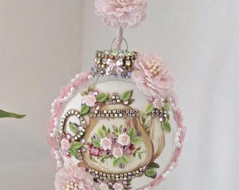 Shabby Chic Teapot And Roses Glass Ornament - Comes With Stand